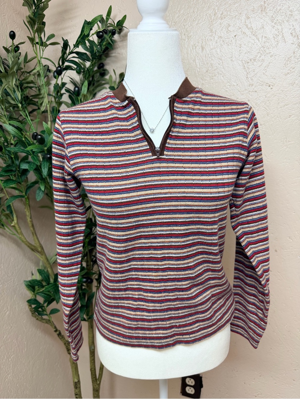 Striped Ribbed Knit Pullover with Notch Neck